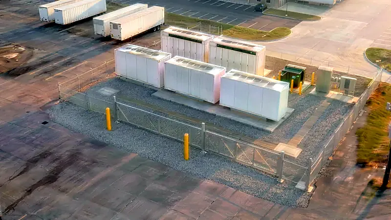 Rendered view of the completed installation: enclosures, pad-mount gear, and service connection in place.