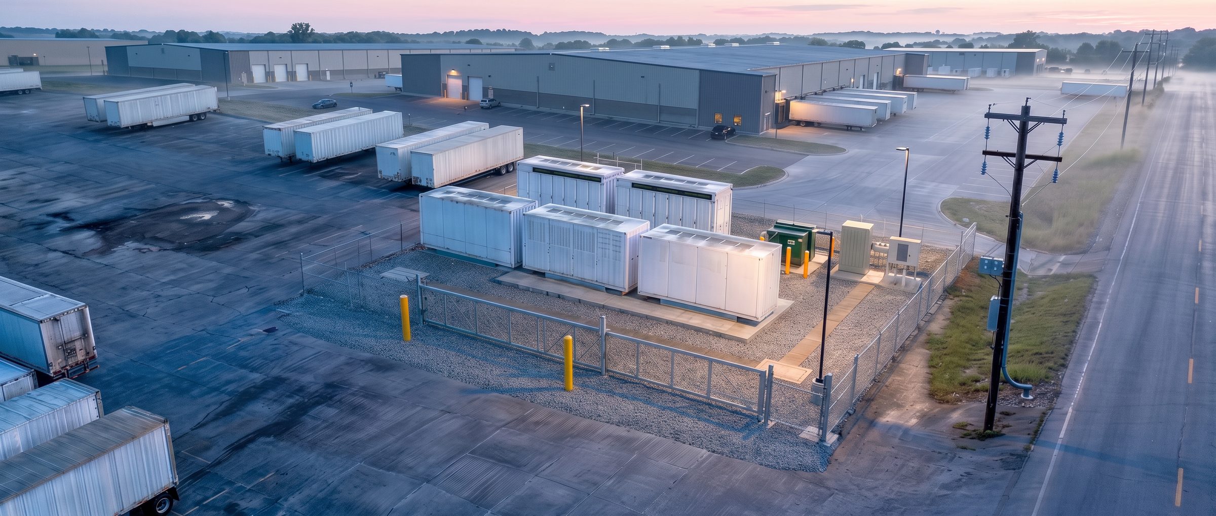 The same battery storage site at first light: pale sky, low mist across the freight yard, enclosures on the fenced gravel pad.