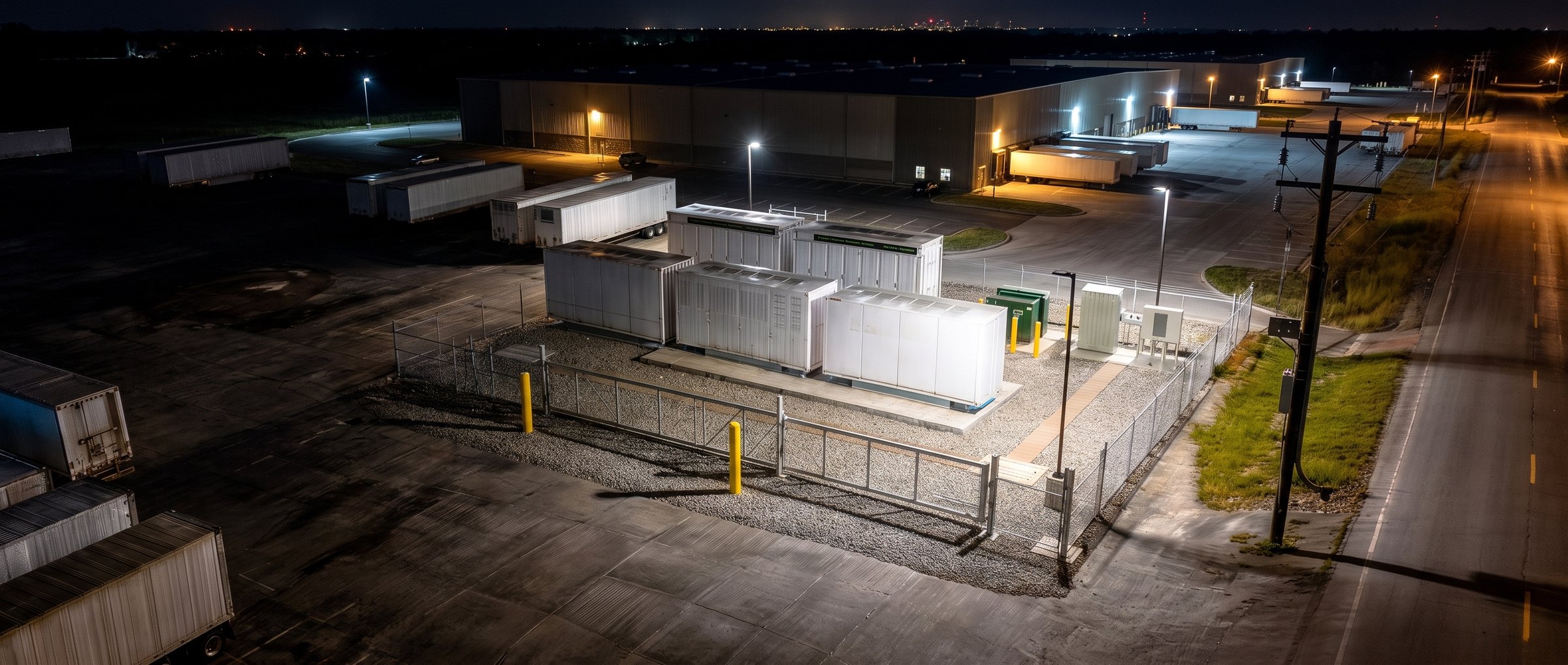 A battery energy storage site at night in the corner of a working freight yard, task-lit inside the fence, charging while the grid is quiet.