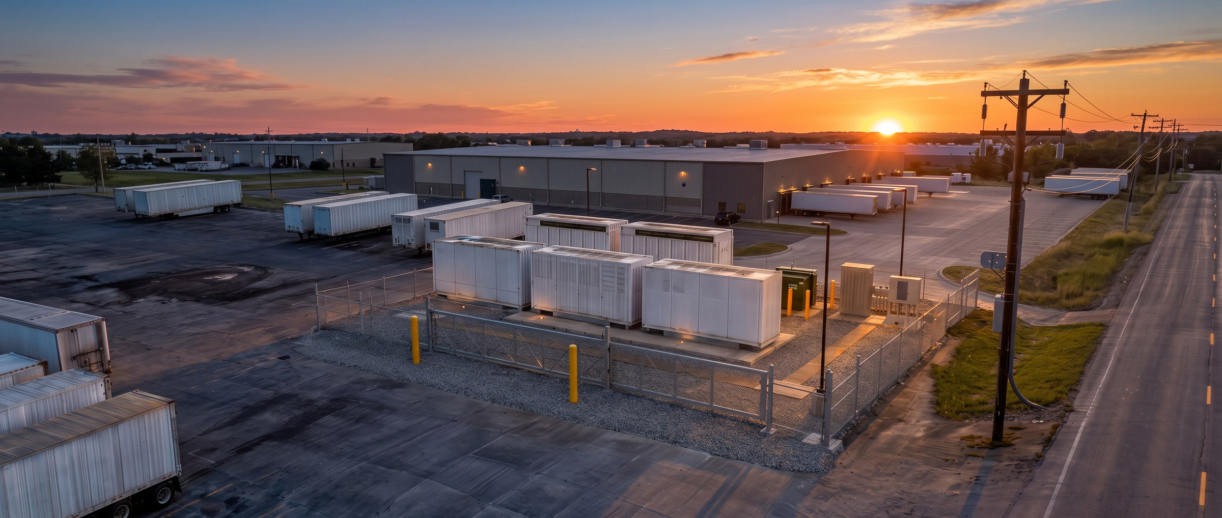 A battery energy storage site in the corner of a working freight yard at sunset, the sun on the horizon: louvered enclosures on a fenced gravel pad, a pad-mount transformer and metering, the pad lights just switched on, and a utility pole carrying the line out to the road.