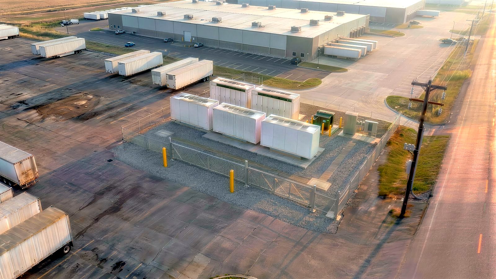 Rendered golden-hour view of a fenced storage pad: battery enclosure rows and pad-mount gear behind chain-link fencing, a utility pole carrying the service drop at the fence line.